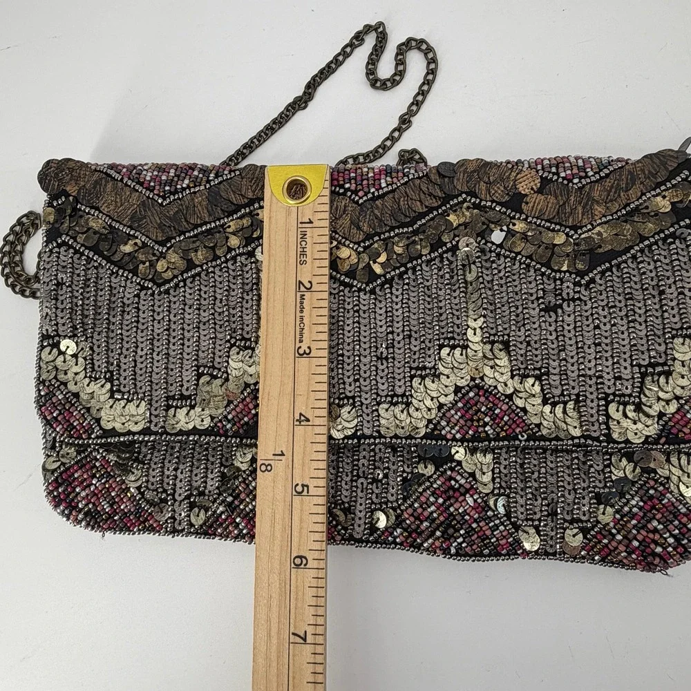 New Look Beaded Sequin Chevron Clutch Bag Bronze Chain Strap Evening Bag